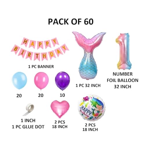 Image of 60 pcs 1st Birthday Decoration for Girls Tail Foil Balloon Garland Rainbow Number Foil Theme Birthday Decorations Aqua Theme Birthday Decorations (Pack of 60, Multi)