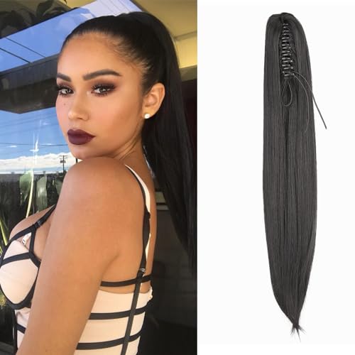 Dcbaboo Extensiones Coleta Postiza Pelo Liso con Pinza 50cm Cola de Caballo Postizo de Pelo Natural Extensiones de Pelo Sintético Largo Ponytail Extensiones de Cabello, Negro
