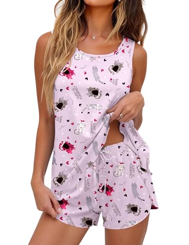 Ekouaer Womens Pajama Sets Sleeveless Tank Tops and Split Shorts Pjs Set Soft Comfy Summer 2 Piece Sleepwear Cat M