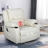 KCREAM White Recliner Rocker Chairs with Heat,Massage Chair Recliner Oversized Leather Swivel Recliners for Living Room, Manual Reclining Lounge Chairs Overstuffed Single Sofa Chair for Adults