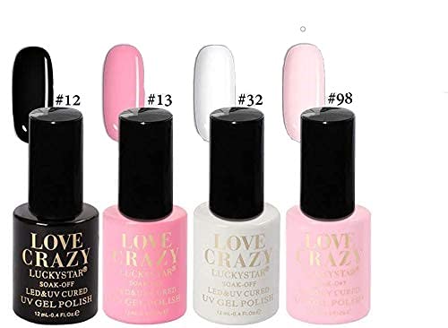 LOVECRAZY® Série esmalte de unhas em gel permanente/semipermanente para manicure e pedicure, 4 vernizes coloridos, top coat e base revestimento UV LED (12, 13, 32, 98)