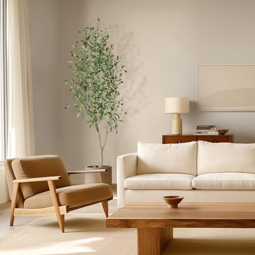 GarveeHome Faux Olive Tree 6ft, Olive Trees Artificial Indoor with White Planter, Artificial Silk Plants with Green Leaves and Big Fruits for Home Office DéCor Living Room Bedroom Stairs Foyer,1 Pack