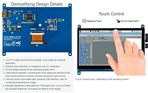 Image of waveshare 7inch HDMI LCD IPS Capacitive Touch Screen 1024x600 Display Monitor Compatible with Raspberry Pi 5 /4B /3B+ /3B /Pi Zero W /Zero 2W /Pico /Pico W /Pico 2 /Pico 2WJetson Nano /Win10 /8 /7,etc.