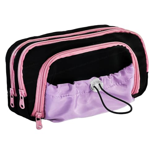 Image of FunBlast Pencil Pouch for Girls - Multiple Compartment Zipper Pouch With Drawstring Pocket, Aesthetic Kawaii Pencil Case, Cute Return Gift for Kids (Black-Pink)
