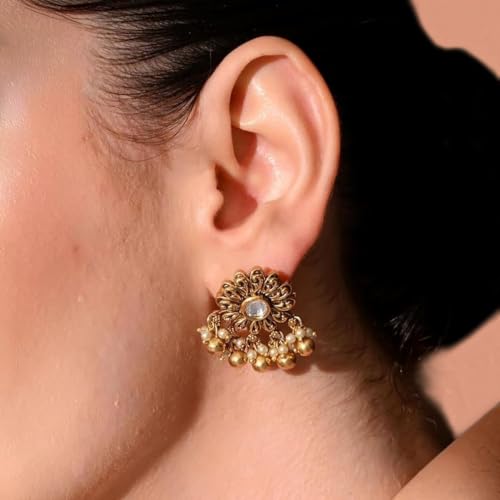Image of Sayda JewelsGold Plated Antique Traditional Jhumka Earring Indian ethnic Temple design studs Chandbali Style Bridal, Wedding & Festive Jewellery For Women & Girls