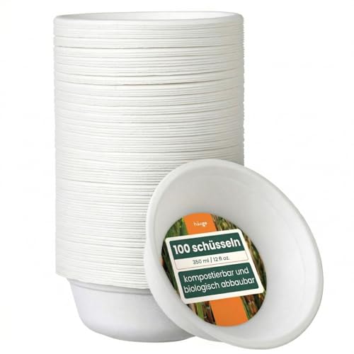 HAAGO 100 umweltfreundliche Zuckerrohr-Schalen, biologisch abbaubar und kompostierbar – wie Papier-Einwegschalen für heiße und kalte Speisen, Desserts- und Suppenschüssel für Partys – 350 ml