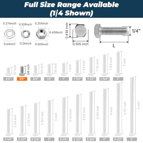 Image of 10 Sets Glvaner 1 /4-20 x 5 /8 inch Stainless Steel Hex Head Screws Bolts, Nuts, Flat & Lock Washers, 18-8 (304) Stainless Steel, Full Thread, Coarse Thread