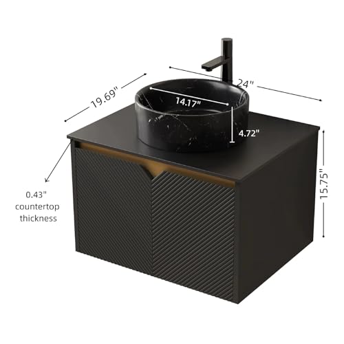 Image of 24 inch Bathroom Vanity with Sink, Wall-Mounted Bathroom Vanity with Black Round Ceramic Vessel Basin, Modern Plywood Floating Vanity with Twill Double Doors, Bathroom Storage Cabinet, Black