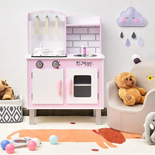 GOPLUS Spielküche, Kinderspielküche mit Festpunkt & Wasserhahn & Ofen & Schrank & Geschirr, Herd mit Licht & Sound… – Bild 4