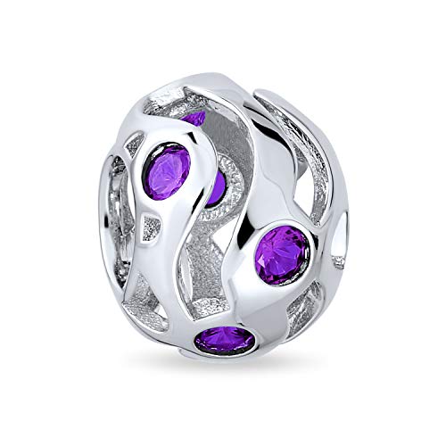 Purple Wave Simulated Amethyst CZ Charm Bead For Women .925 Sterling Silver For European Bracelet February Birth Month
