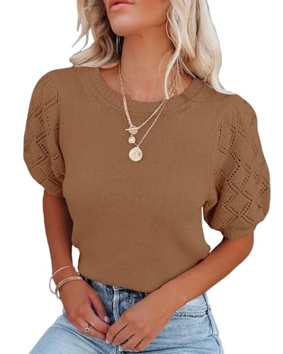 Image of Womens Short Sleeve Sweaters Crewneck Knit Pullover Tops 2025 Summer Casual Lightweight Crochet Blouse Shirt