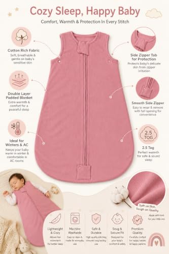 Image of TuddyBuddy Baby Cotton Wearable Quilted Sleeping Bag Blanket 1.5 Tog with 1 Way Zipper Closure | Ideal for Babies & Kids Hypoallergenic Fabrics | (Pin Striped Fabric - Dark Pink, 6-12 Months)