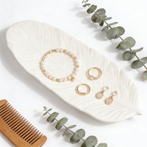 wocpvm Plato de Joyería de Cerámica Diseño de Pluma,Almacén de Joyería de Cerámica Blanco para Pulseras,Anillos y Joyas,Decoración para Vanity,Baño y Salón 21,5x8,3x1,7cm