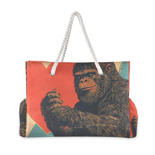 Beach Bag Sasquatch Heart Red for Women Large Beach Tote Bag with Zipper for Travel Vacation