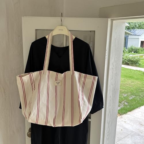 Image of Jeelow Large Striped Or Patterned Canvas Tote Bag for Women Men Shoulder Handbag with Zipper Pocket Travel