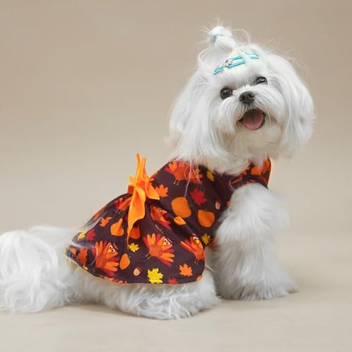 PUPTECK Thanksgiving Dog Dress with Bowtie, Orange Turkey Pumpkin Print, S by PUPTECK - Used condition - Image 6