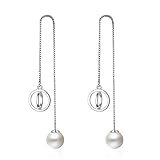 H.Romo Women's 925 Sterling Silver Long Tassel Pearl Hoop Dangle Earings with CZ (Double Hoop)