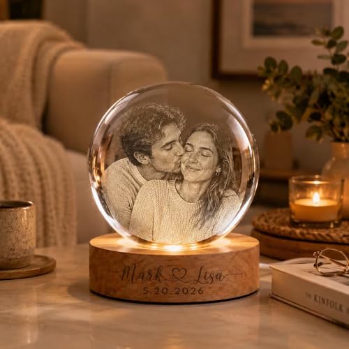 Image of Evamall Personalized 3D Crystal Globe Lamp, Custom Engraved Photo Text LED Night Light, Anniversary Birthday Keepsake, Unique Home Decor Table Lamp