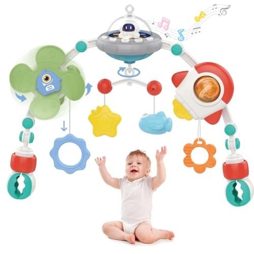 KOESMG Juguete de Arco para Cochecito de Bebé, Juguetes Ajustables para Asiento de Coche con Musical y Proyector para Bebés de 0 a 12 Meses, Juguetes de Regalo de Viaje Montessori