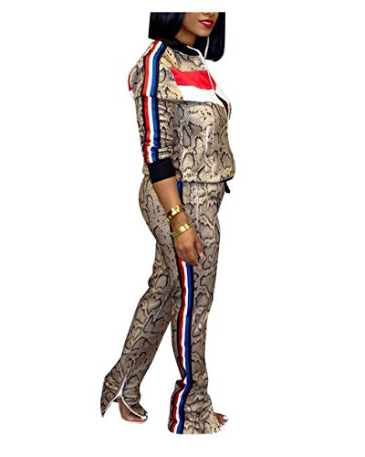 Remelon Womens Snake Print Jackets and Pants Set 2 Piece Outfits Sports Sweatsuits Khaki S