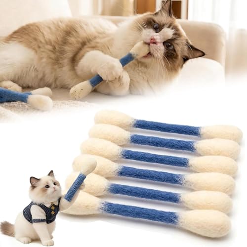 Giant Cat Q-Tip Toy Chew Sticks 6 Pack Cotton Swabs Cat Toys with Catnip for Cats Durable Teething Ropes for Boredom Exercise Big Interactive Felt Kitty Kicker Toy (Blue)
