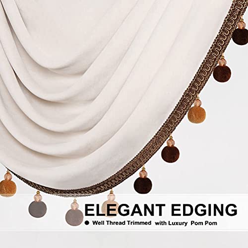 Elkca Luxury Cream Double-Sided Velvet Waterfall Valance For Living Room Soft Velvet Bedroom Curtain Valances With Colorful Pom Pom Tassel,Rod Pocket(W98,1 Panel) #TOP2