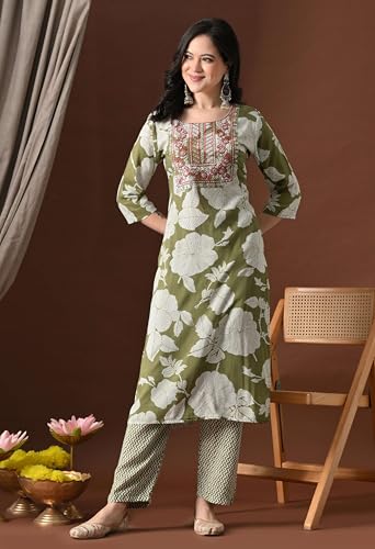Image of Amazon Brand - Tavasya Women Cotton Anarkali Kurta Pant Dupatta Set | Printed Ethnic Suit Set | Flared Anarkali Kurta with Pant & Dupatta | Festive & Casual Wear