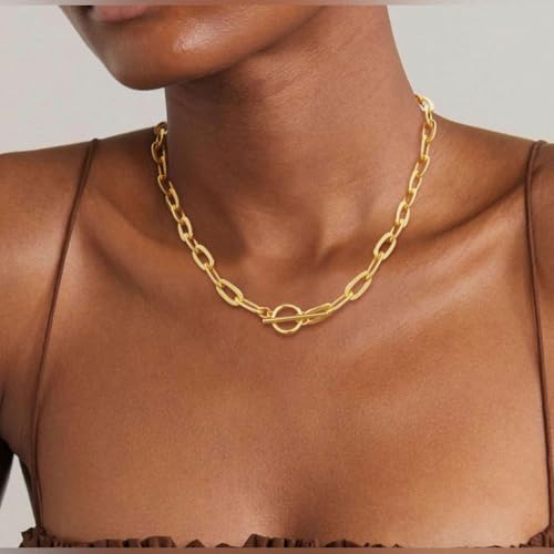 14K Gold Plated Necklace for Women Sweatproof, Non Tarnish Chunky Layered Chain Necklaces Thick Gold Layering Herringbone Paperclip Necklace Stacks Toggle Necklaces for Women Men2