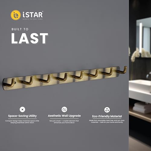 Image of iSTAR Stainless Steel 8 Pin Bathroom Cloth Hooks Hanger Door Bathroom Robe Hooks Rail for Hanging Keys,Clothes,Towel Steel Hook (Antique) (Pack of 1)