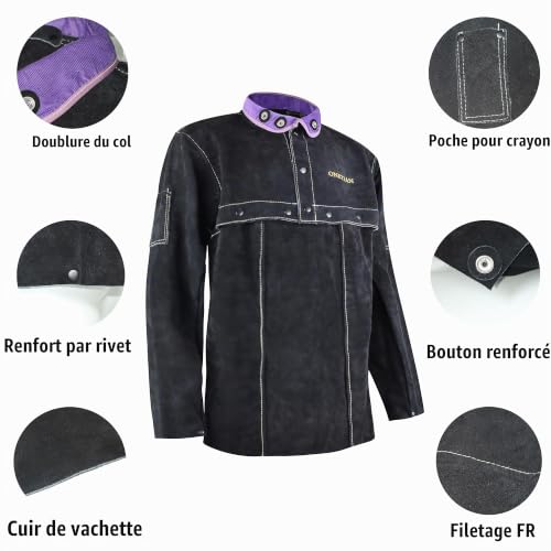 ONETIAN Veste de Soudeur en Cuir - Cape de Manches de Qualité Supérieure pour une Protection Ultime - Boutons-Pression Renforcés - Équipement de Soudage Robuste en Noir. – vue 8
