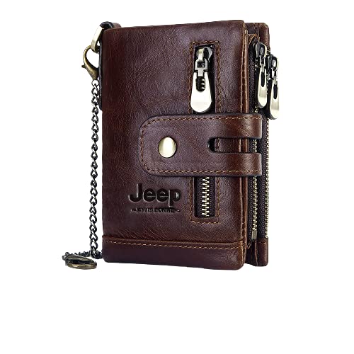 Carteira masculina JEEP KAVIS BONWE, couro genuíno, dobrável, bolso para moedas, clipe para dinheiro, bloqueio de RFID, corrente, zíper, chaveiro (Café + Corrente)