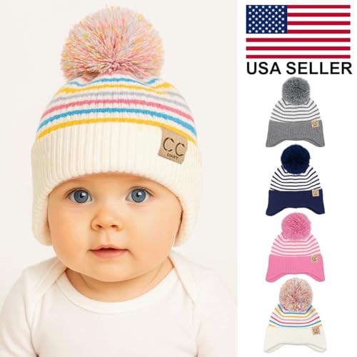 ScarvesMe Exclusive Winter Soft Baby Stripe Earflap Yarn Pom Beanie Winter Hat4