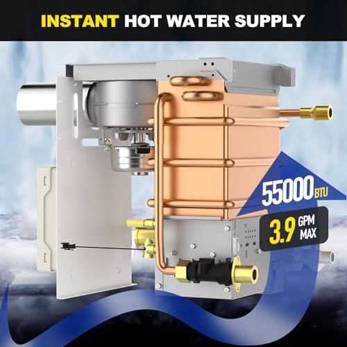 Image of 55000 BTU RV Tankless Water Heater, 12V 3.9 GPM, CSA Certificated, Instant Hot Water Heater with Wired Remote Controller, High Altitude Available, Compatible with All RVs (White)