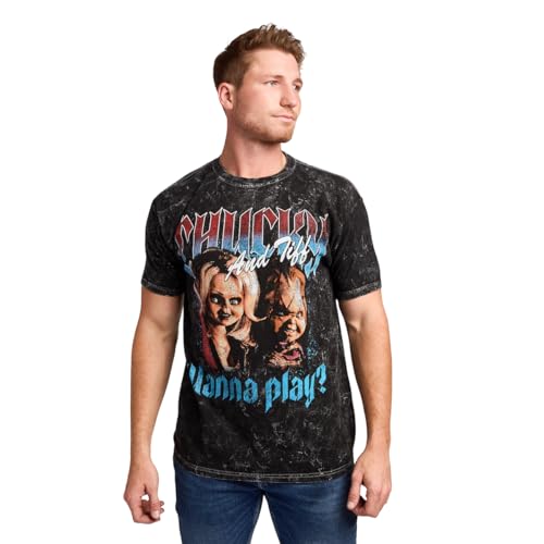 Bioworld Chucky Tiffany & Chucky Wanna Play Men's Black Mineral Wash Crew Neck Short Sleeve T-Shirt