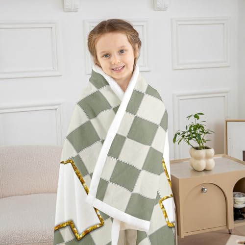 Image of Erosebridal Sage Green Checkered Sherpa Blanket Plaid Initial M Fuzzy Plush Throw Personalized Monogram Fleece Blanket for Kids Boys Girls,Fashion Grids Gingham Decor for Bed Couch Twin 60 inchx80 inch