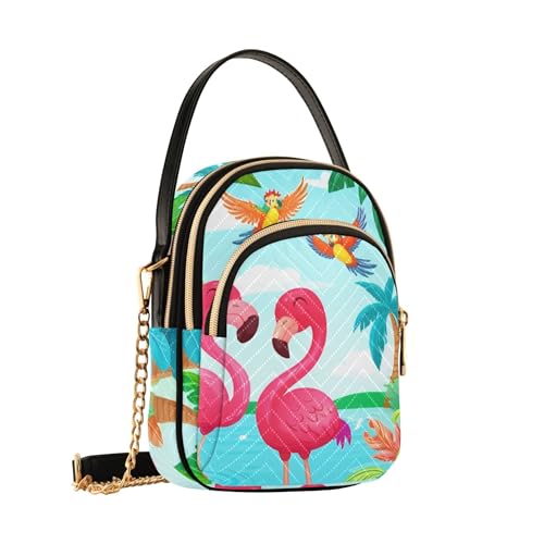 Women Shoulder Handbag Chic Cell Phone Wallet Chain Purse Quilted Crossbody Clutch Zipper Tote Colorful Scene Pink Flamingos2