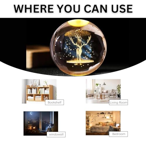 Image of 3D Deer Crystal Ball LED Night Lamp, Engraved Animal Design with Wooden Base, Warm White Table Light for Bedroom, Living Room, Gift (Deer)