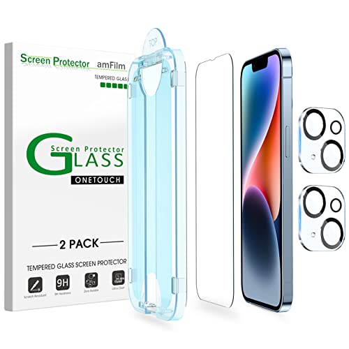 amFilm Tempered Glass Screen Protector + Camera Lens Protector for iPhone 14 6.1 Easy OneTouch Installation Auto-alignment Bubble Free Case Friendly Anti-Scratch (Pack of 2)