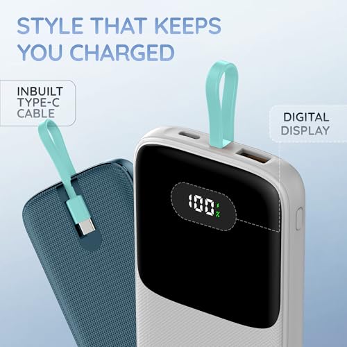 Image of Pebble Rapid Electra10 Power Bank |10000mAh, 22.5W Ultra Fast Charging | Digital Display | Built-in Cable | Type-C & USB-A Ports Compatible with Android Phones & iOS Devices | Pocket Size - Blue