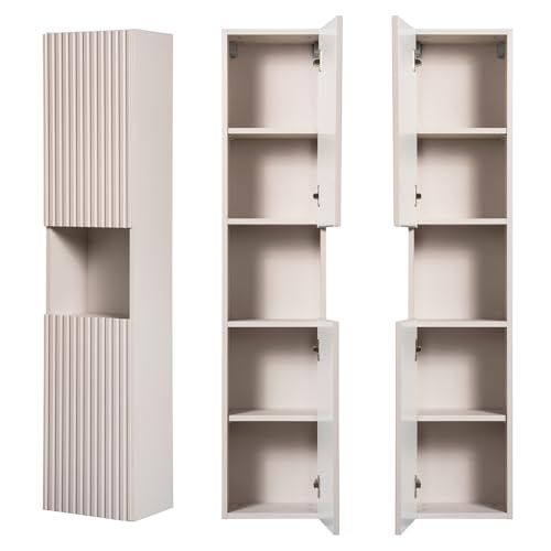 Lomadox Badezimmer Hochschrank Kaschmir beige gerillte Front Seitenschrank Badschrank 2-türig Regal B/H/T ca. 30/140/30 cm