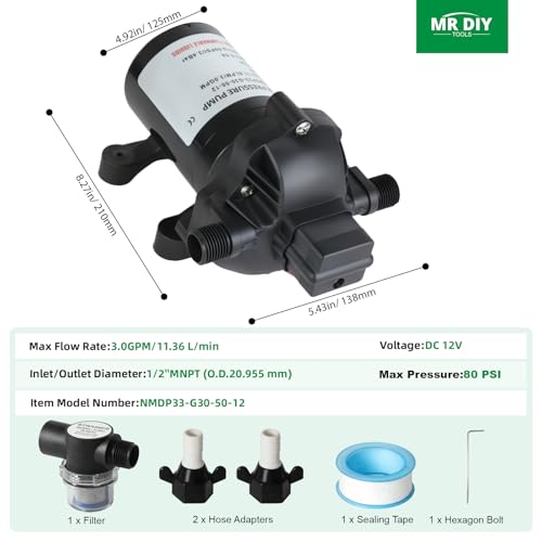Image of 3 GPM RV Water Pump, 12V DC Diaphragm Pump with Automatic Pressure Switch 40-80PSI Adjustable, 3-Chamber, 1 /2'' MNPT Port, for RV Yacht Food Truck Camper Marine,1 Pump + 1 Strainer,