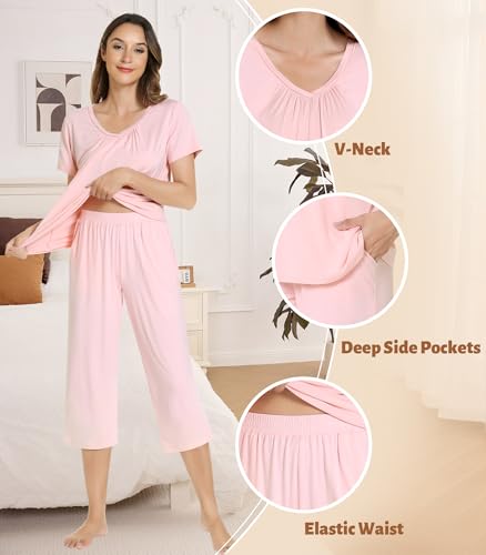 Image of NACHILA Pajamas Set for Women-Viscose Made from Bamboo, Short Sleeve Sleepwear Soft Capri Pants Pajamas with Pocket Cool Pjs