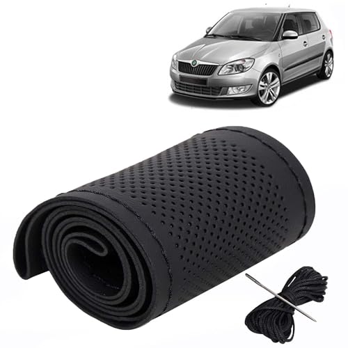 Image of KINGSWAY PU Leatherite Car Steering Cover Sewable Compatible with Skoda Fabia (Year 2007-2014), Black Color with Black Thread, Pack of 1 with Sewing Needle and Thread