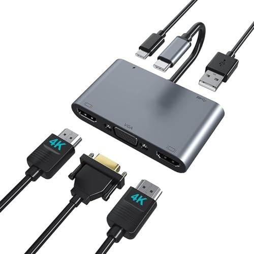 Image of USB HUB USB C Hub Multiport Adapter 5 in 1, USB C Dongle to 2 4K HDMI, VGA, USB C with 100W PD and USB A Docking Station for iOS and USB C Laptop Tablet PC (USB Type C to 5 in 1 Dual HDMI HUB)