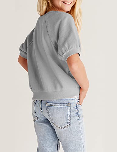 Simtuor Kids Girls Basic T-Shirt Short Puff Sleeve Cute Solid Casual Loose Pullover Ribbed Cuffs Hem Tees Size 4-13Years Gray #TOP2