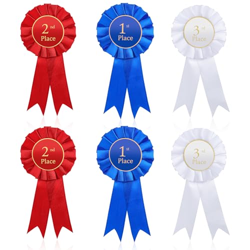 6 Pcs 1st 2nd 3rd Place Rosette Ribbons Award Ribbon Rosette Set Satin Participation Ribbon Blue Red and White Prize Ribbons Badge Ribbons Honorable Medal Ribbons for Classroom Prize Talent Show