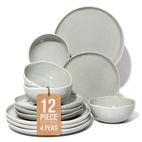 Image of Ceramic Plates and Bowls Set, Everyday Dinnerware Set for 4, Wavy Rim Kitchen Dish Set, Chip Resistant Dishware Sets, Dishwasher Safe Dinner Set, Designed for Simple Meals, Gray Green