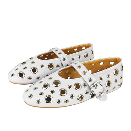 Image of Fashion Buckle Ballet Flats Women's Delicate Metal Buckle with Rivet Holes Mary Jane Comfort Flats