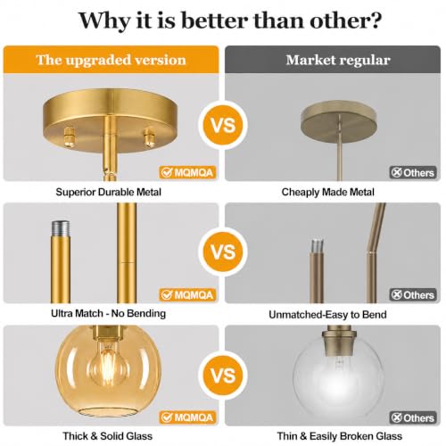 Image of MQMQA 2 Pack Gold Globe Pendant Lights, Mid Century Gold Pendant Light Fixtures, Amber Glass Pendant Lights Kitchen Island Adjustable Hanging Fixture for Dining Room (Bulbs not Included)