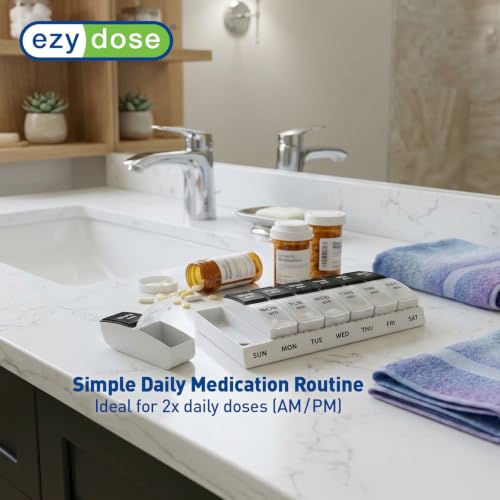 Image of Ezy Dose Weekly (7-Day) AM /PM Pill Organizer, Large Case, Black /White | Daily Vitamin & Supplement Medicine Box, Spacious Pop-Out Compartments, 2 Times a Day Pill Holder, Travel-Friendly, BPA-Free